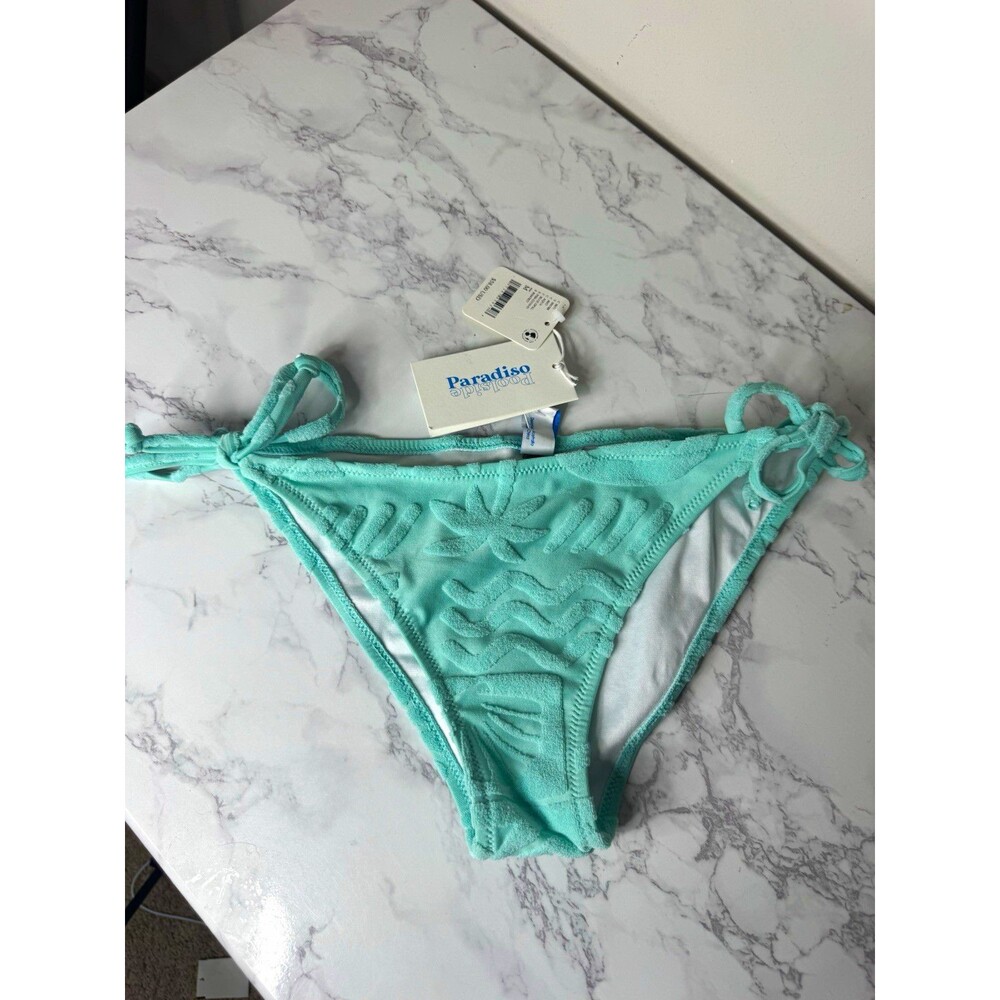 Poolside Paradiso Aqua Textured Terry Side-Tie Lined Bikini Bottom Women's M